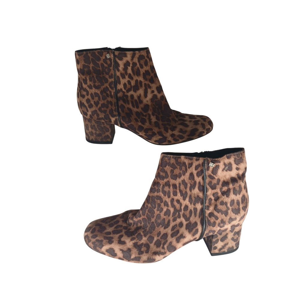 Sam & Libby Leopard Print Ankle Boots 8 Brown Block Heel Booties Animal Print